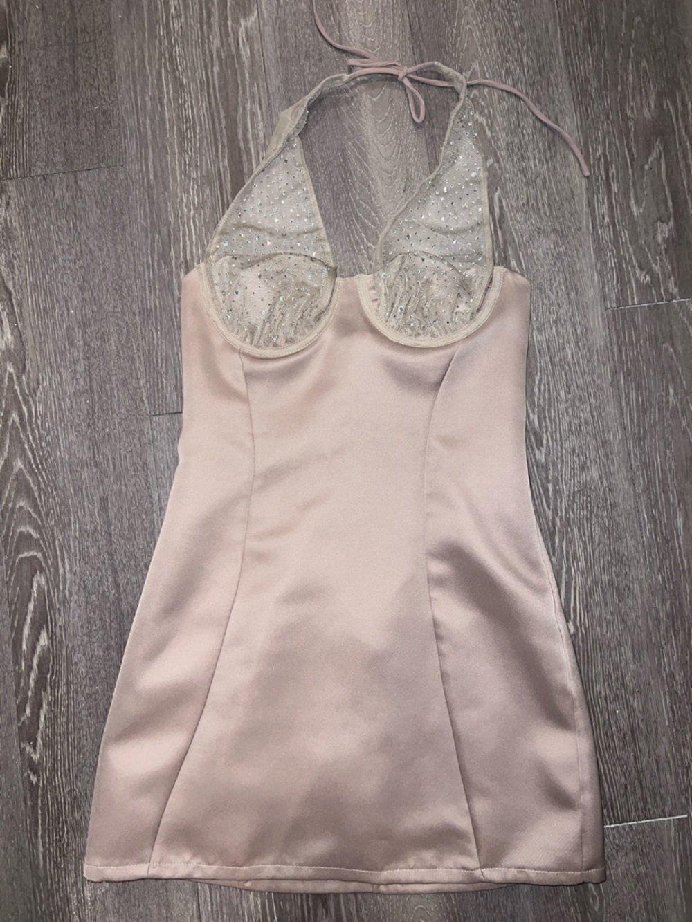 White Fox Boutique Blush Satin Halter Mini Dress with Embellished Cups